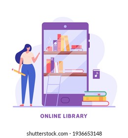 Online Library. People Reading Book with Digital Library Service. Users Studying with Archive of Book. Concept of Electronic Library, Online Book Store, Ebook. Vector illustration for Web Design