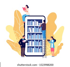 Online library. People reading books. Vector smartphone with reader app. Online book store, library and education flat concept