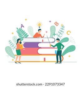 Online library. Person on stack of large books, using literature studying in internet. Online courses and student concept. Distance learning, knowledge, economic education marketing and management