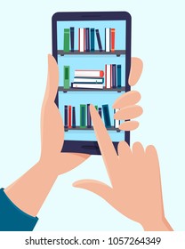 Online library in phone in hands. Flat cartoon style vector illustration.