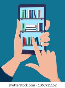 Online library in phone in hands. Flat cartoon style vector illustration.