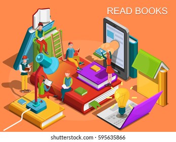 Online library. The process of education, the concept of learning and reading books in the library. University studies. Reading people 
Isometric flat design. Vector illustration
