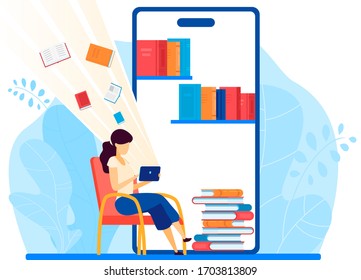 Online library, read book in smartphone, mobile phone, character woman read volume, digital tablet, flat vector illustration. Female sitting, stack, pile of book, electronic device.