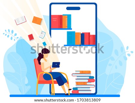 Online library, read book in smartphone, mobile phone, character woman read volume, digital tablet, flat vector illustration. Female sitting, stack, pile of book, electronic device.