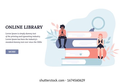 Online library, reading books. People read books online. Flat concept vector illustration design for landing page, web, poster, banner, flyer, layout, template, application.