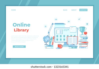 Online Library Reading E-learning Shop Monitor with electronic open book, archive, ebook list, stack of books, table lamp landing page for web, banner. Vector illustration.