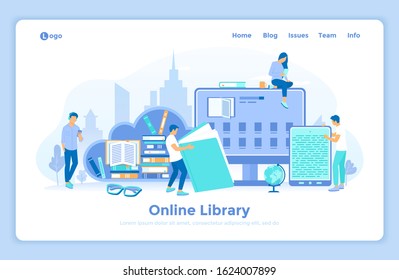 Online Library Reading E-learning Shop. People with electronic open book, archive, eBook list on the monitor, stack of books in the cloud. landing web page template decorated with people characters.