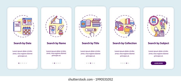 Online library search options onboarding mobile app page screen with concepts. Different types of searching walkthrough 5 steps graphic instructions. UI vector template with RGB color illustrations