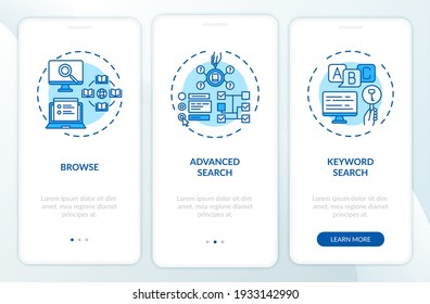 Online library search types onboarding mobile app page screen with concepts. Advanced search walkthrough 3 steps graphic instructions. UI vector template with RGB color illustrations