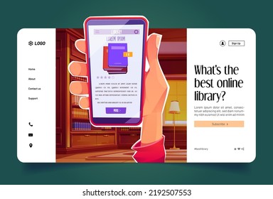 Online library service cartoon landing page. Hand with smartphone on background with books on shelf. Mobile application for reading and studying, educational app for learning, Vector web banner