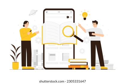 Online library service, Reading book in e library illustration