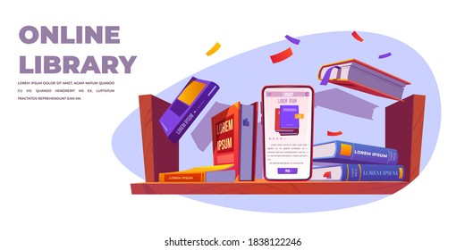 Online library service, smartphone stand on shelf with books, mobile phone with application for reading and studying, digital internet technologies in education, app for learning Cartoon vector banner