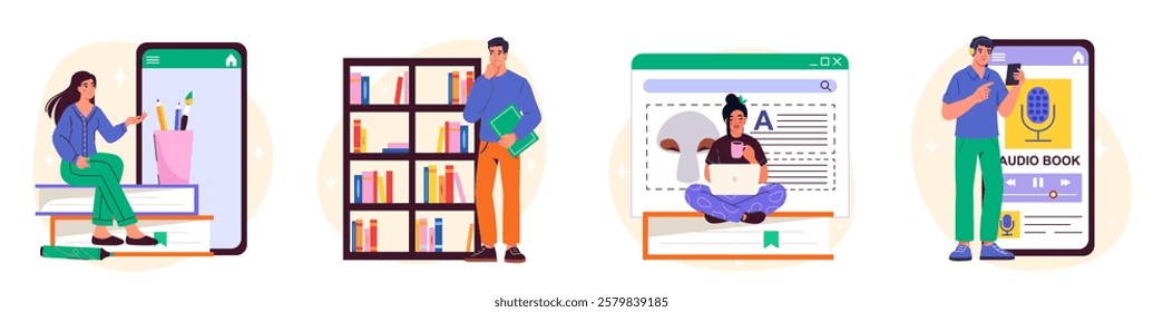 Online library set. Man near book shelves, woman read articles about mushrooms. Love for literature. Education, learning and training. Flat vector collection isolated on white background