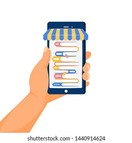 Online library shop concept. Humans hands and phone screen with stack of books. Online library. Vector illustration flat style