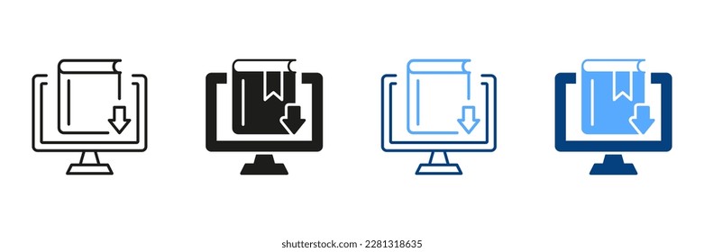 Juego de símbolos de línea y de biblioteca en línea. Educación a distancia. Descargue Ebook Concept. Recopilación de firmas de recursos de aprendizaje. Descargar archivos, información, revistas. Ilustración de vectores aislados.