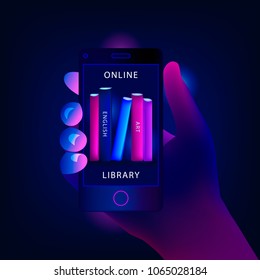 Online library with smartphone concept. Hand holds a smartphone on the screen of which a bookshelf with realistic books. Trendy color style. Vector illustration