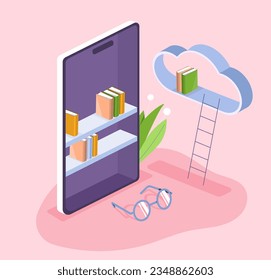 Online library at smartphone concept. Knowledge and information. Bookshelves with books. Useful hobby and love of literature. Education and training. Cartoon isometric vector illustration