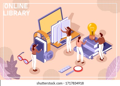 Online Library. Stack of books, materials to study and absorb new information. Listening to audio books. Group of people are exploring new material. Landing page design, isometric vector illustration.