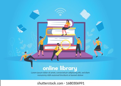 Online library with stack of books and notebook big images wi fi sign and small people figurines vector illustration