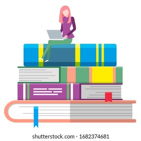 Online library, student reading through laptop on books stack, knowledge concept vector. Literature or textbooks, encyclopedias pile, studying material. Internet portal, web education illustration