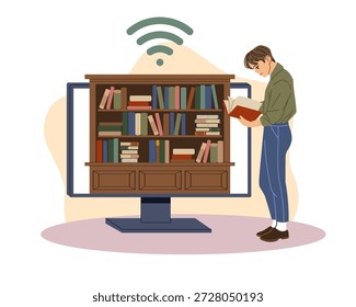 Online library. Student reads book, internet education, virtual literature repository, digital bookshelf, education and knowledge, man study and research, vector cartoon flat style isolated concept