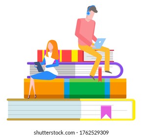 Online library, students reading through tablet, knowledge and books pile with bookmarks vector. Literature or textbooks, encyclopedias stack. Internet portal, web education site illustration