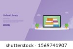 online library technology with laptop and books  stack for website template or landing homepage - vector