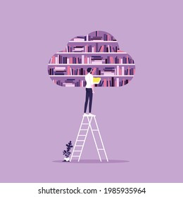 Online library with user reading on cloud virtual bookshelf storage vector