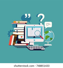 Online Library Vector Concept Illustration. Cool Flat Vector Concept On Online Dictionary, Data Research Or E-learning