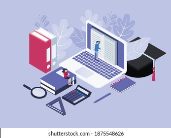 Online library vector concept: People reading books on the laptop computer with graduation hat background