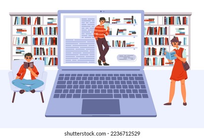 Online library vector concept. Students reading, boy with book on computer screen. Geek education, teens read books. Web bookstore readers vector scene