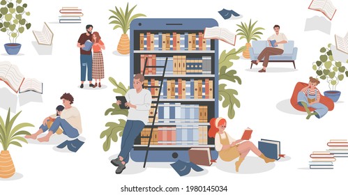 Ilustración plana vectorial de biblioteca en línea. Gente sentada en poses cómodas y preparándose para exámenes, estudiando, trabajando y leyendo libros. Educación en línea, concepto de enseñanza.