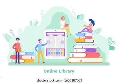 Vector de biblioteca en línea, libre acceso a publicaciones de estilo plano. Estudiantes hombres y mujeres preparándose para los exámenes, gusanos de biblioteca de jóvenes sentados en un libro, dispositivo de ebook