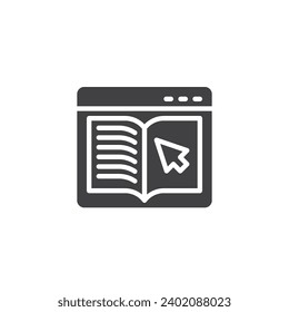 Icono vectorial de biblioteca en línea. La lectura de libros en Ebook llenó el signo plano para el concepto móvil y el diseño web. Icono de glifo de conferencia virtual. Símbolo, ilustración del logotipo. Gráficos vectoriales