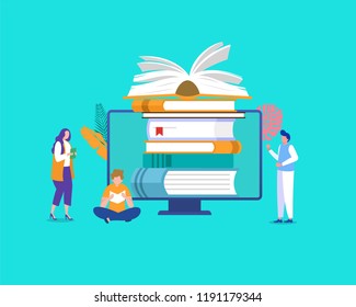 Online library vector illustration concept, people reading book online, can use for, landing page, template, ui, web, mobile app, poster, banner, flyer