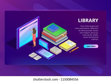 Online library vector illustration of woman reading books in smartphone or internet tablet. Isometric design for remote education or study technology on purple ultraviolet background