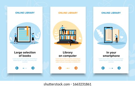 Online Library Vertical Banners Set With Editable Text Page Switch Buttons With Arrows And Doodle Images Vector Illustration