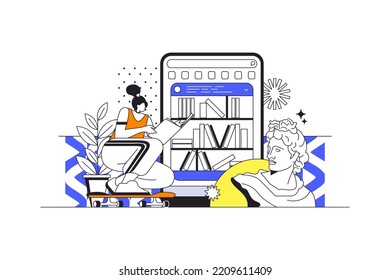 Online library web concept in flat outline design with characters. Woman reading e-books, stores books in cloud storage or device, buys books in online bookstore, people scene. Vector illustration.