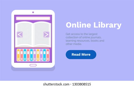 Online library web page template, using tablet for distance learning and education. Electronic version of book, journal and other media in gadget vector
