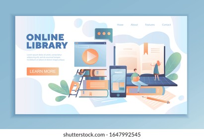 Online Library web template design showing books, video, online apps on digital devices and people reading an e-book on a laptop with space for text, vector illustration