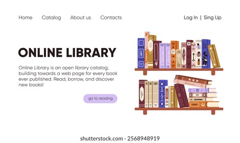 Online library website design. Digital catalog, book shelf homepage. Landing page template , user interface for reading and education web-site. Virtual literature archive. Flat vector illustration