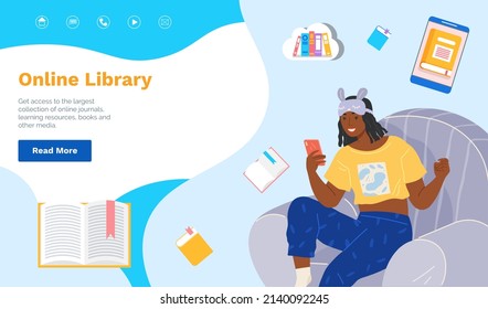 Online library website homepage landing page template banner Electronic book storage for reading. Girl chooses book in online library or store application. Lady reads literature via internet