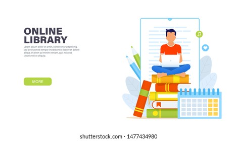 Online library. Young man sitting in lotus position with laptop on a stack of books and remotely reads ebook. Online education or ebook reading concept. Vector modern landing page.