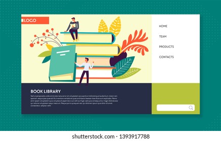 Online literature book library web page template vector textbooks and encyclopedias pile reading Internet portal novels and scientific information site librarian and reader knowledge and education