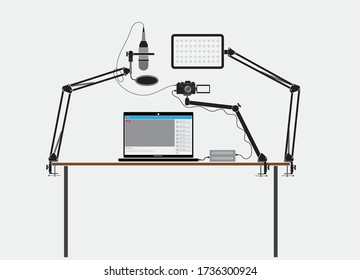 Online Live Broadcast accessories and device set vector illustration
