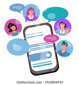 Online live chat concept with people talking via mobile network, cartoon vector illustration isolated on white background. Internet conference  communication and online video call.