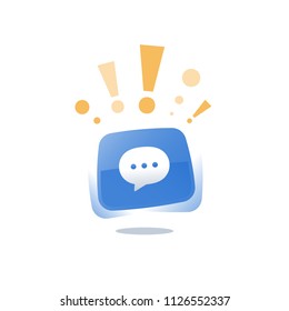 Online live chat text message, mobile communication application development, speech bubble blue button, internet call and talk, help desk and support, consulting service, chat bot, vector flat icon