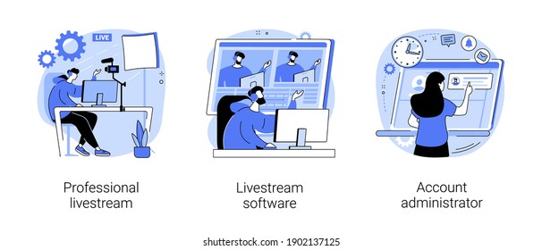 Online live event abstract concept vector illustration set. Professional livestream, software and account administrator, broadcasting service, stream manager, go live in real-time abstract metaphor.