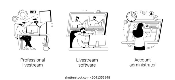 Online Live Event Abstract Concept Vector Illustration Set. Professional Livestream, Software And Account Administrator, Broadcasting Service, Stream Manager, Go Live In Real-time Abstract Metaphor.