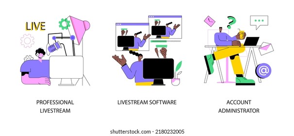 Online Live Event Abstract Concept Vector Illustration Set. Professional Livestream, Software And Account Administrator, Broadcasting Service, Stream Manager, Go Live In Real-time Abstract Metaphor.